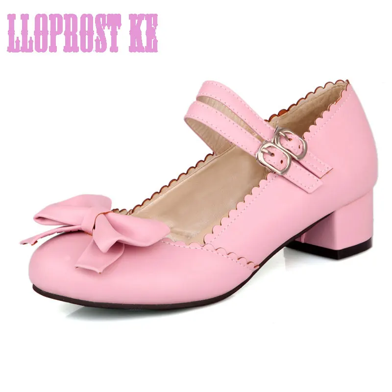 

LLOPROST KE Round Toe Pumps PU Leather Dance Shoes Med-heeled Sweet Butterfly-knot Women Shoes Buckle strap Ballet shoes dxj1905