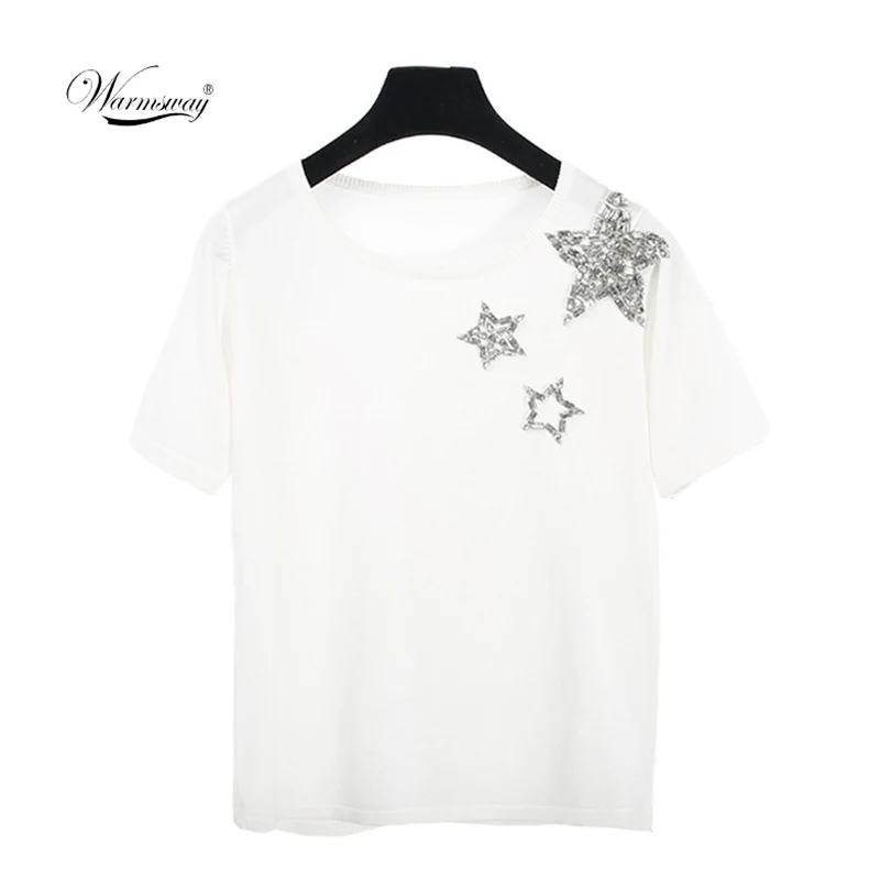Sumner Simple Knitted T-shirt Casual Fashion Star Beading Slim Top Women High Quality Short Sleeve Knitted Tee B-005