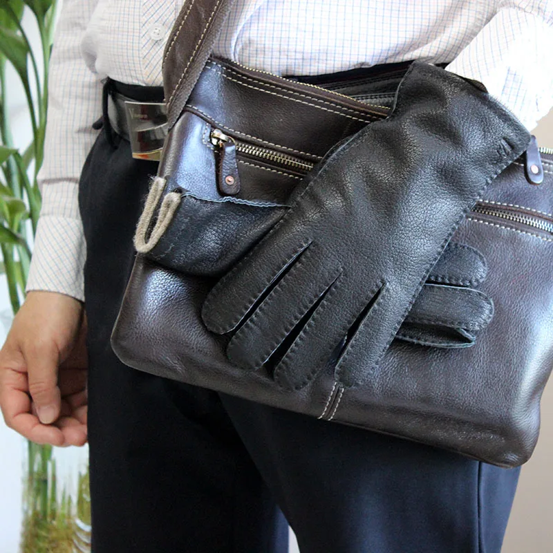 Leather Deerskin Gloves Men's Retro Style Hand-stitched Straight Brown Wool Lining Autumn Warm Finger Gloves