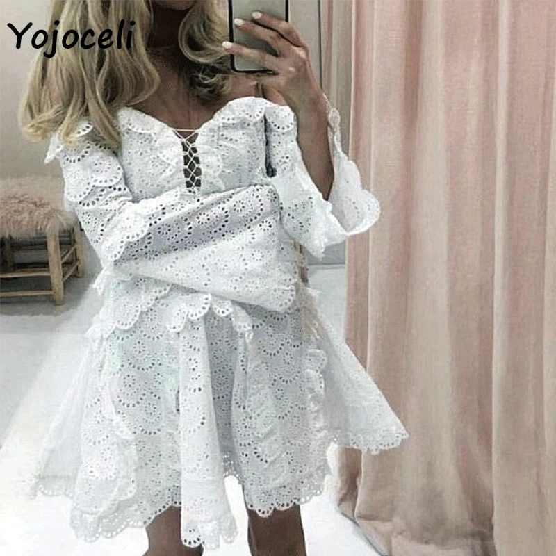 

Yojoceli sexy lace cotton embrodiery dress women lace up ruffle party dress 2019 summer new lace up party dress mini dress
