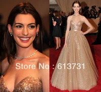 Anne Hathaway Ball Gown Evening Dress Sweetheart Tulle Champagne With Gold Sequined 2014 Red Carpet Celebrity Dresses