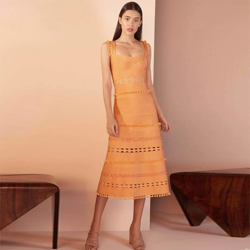 

Fashion Black Orange Midi Bandage Dress High Quality Spaghetti Strap Summer Bodycon Evening Party Dresses Vestidos Wholesale