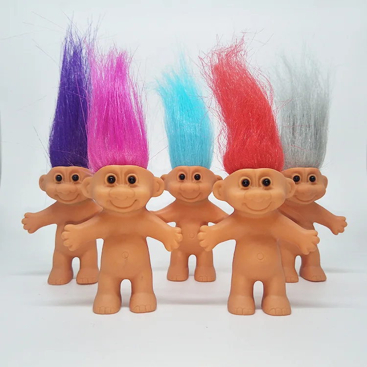 

Six Eight-centimeter Tall Troll Dolls with Different Hair Colors Are Vintage Toys Made by Native American Children