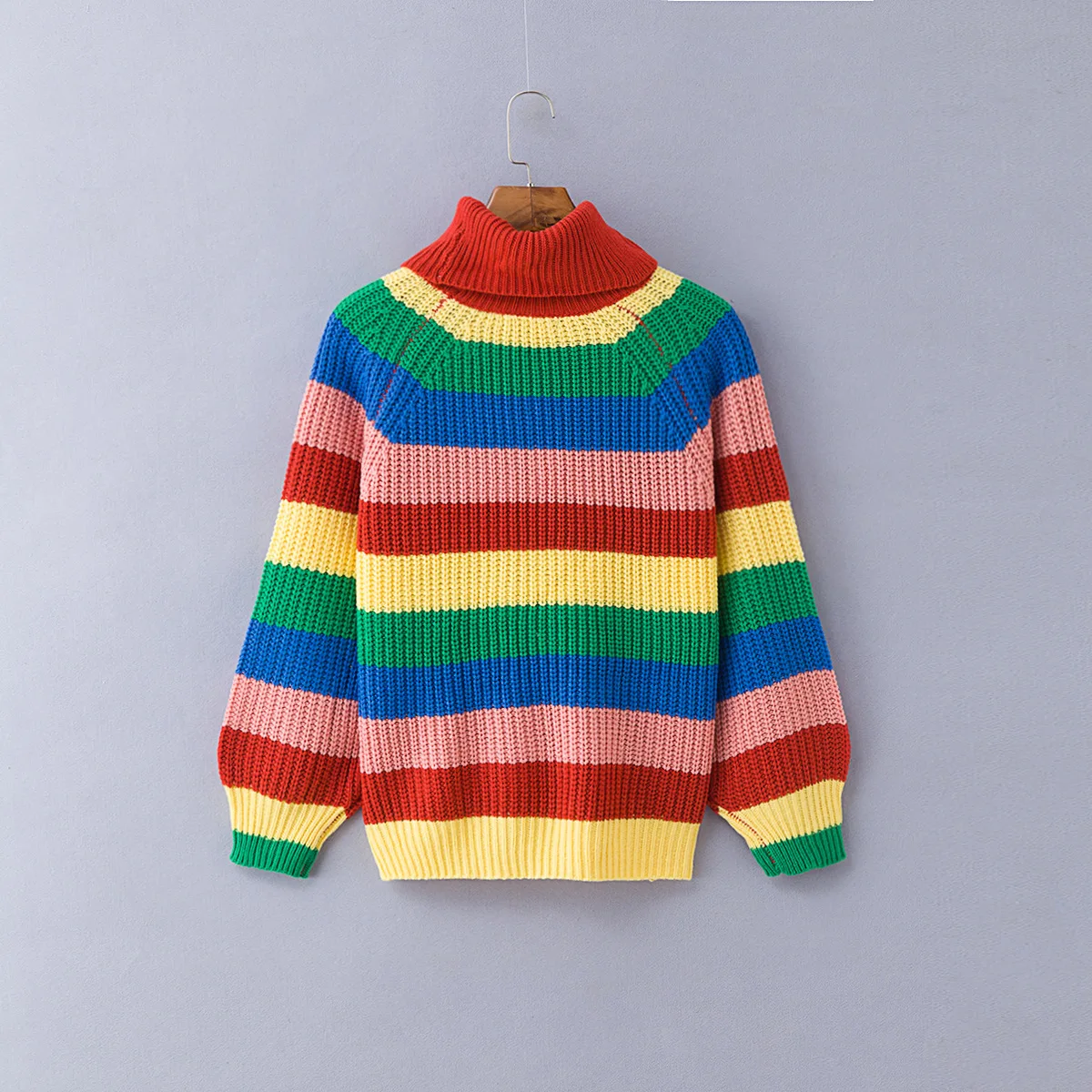 Casual Loose Autumn Winter Turtleneck Sweater Women Oversize Rainbow Striped Knitted Sweaters Warm Long Sleeve Pullover Sweater