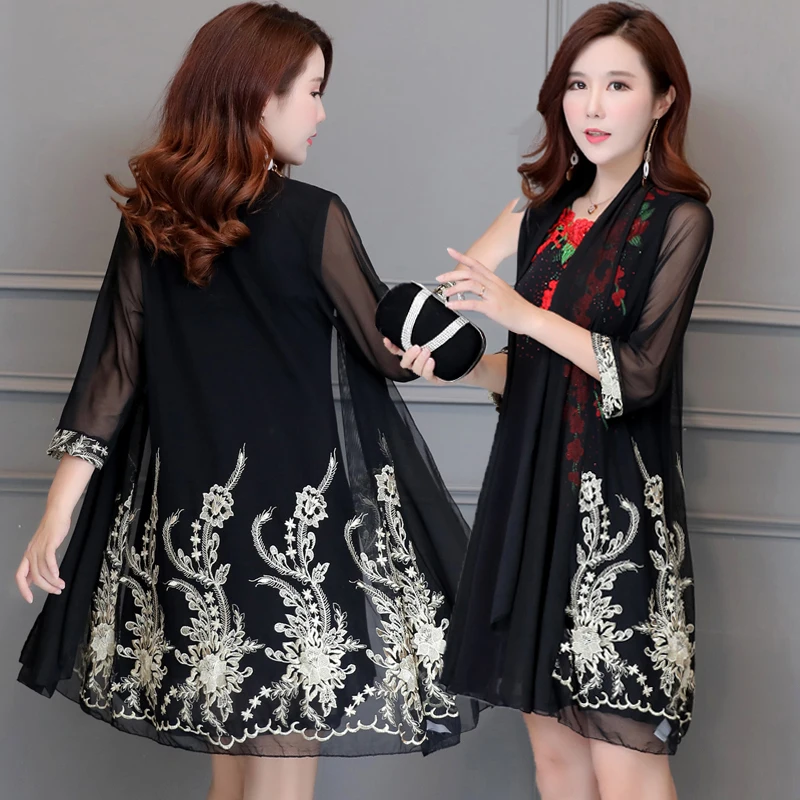 Новые повседневные женские мини-платья из двух частей, топ с рукавом 3/4, элегантное платье с цветочной вышивкой, большие размеры 5XL Vestidos - Цвет: Black1