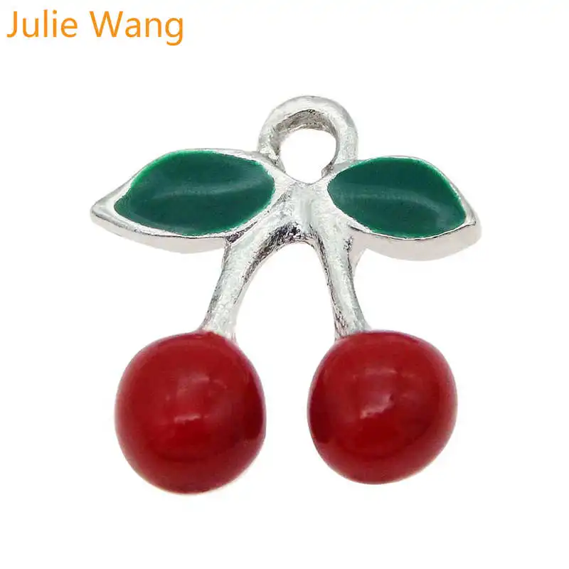 Julie Wang 10 шт. эмалированные красные вишневые фрукты серебряные подвески ювелирные