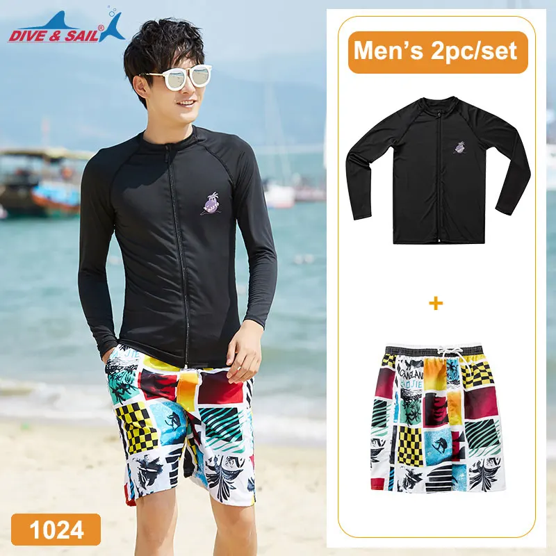 

2 peice set Men's Zip Front Long Sleeve Rash Guards Tee + Printed Trunks Swimsuit Swimwear UPF50+ Sun UV Rashguard Black beach