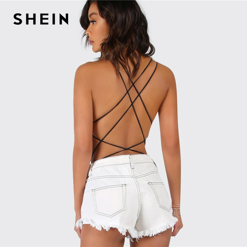 SHEIN الأسود Strappy و عارية الذراعين مثير ارتداءها سكوب الرقبة منخفضة الخصر أكمام نحيل 2019 المرأة الصيف حزب نادي داخلية