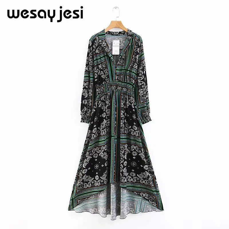 2019 الشتاء اللباس النساء vestidos انكلترا نمط lanon ألف خط طباعة الكاحل طول طويل الخامس الرقبة vestidos دي فييستا حزب اللباس