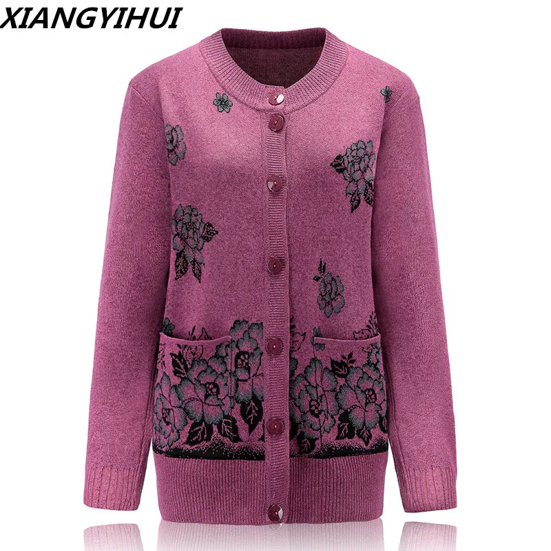 Sweater Knitted Cardigan Coat 2018 Fall Winter Middle Age Mother Plus Size Women Knitwear Top Printed Grandma Clothes |