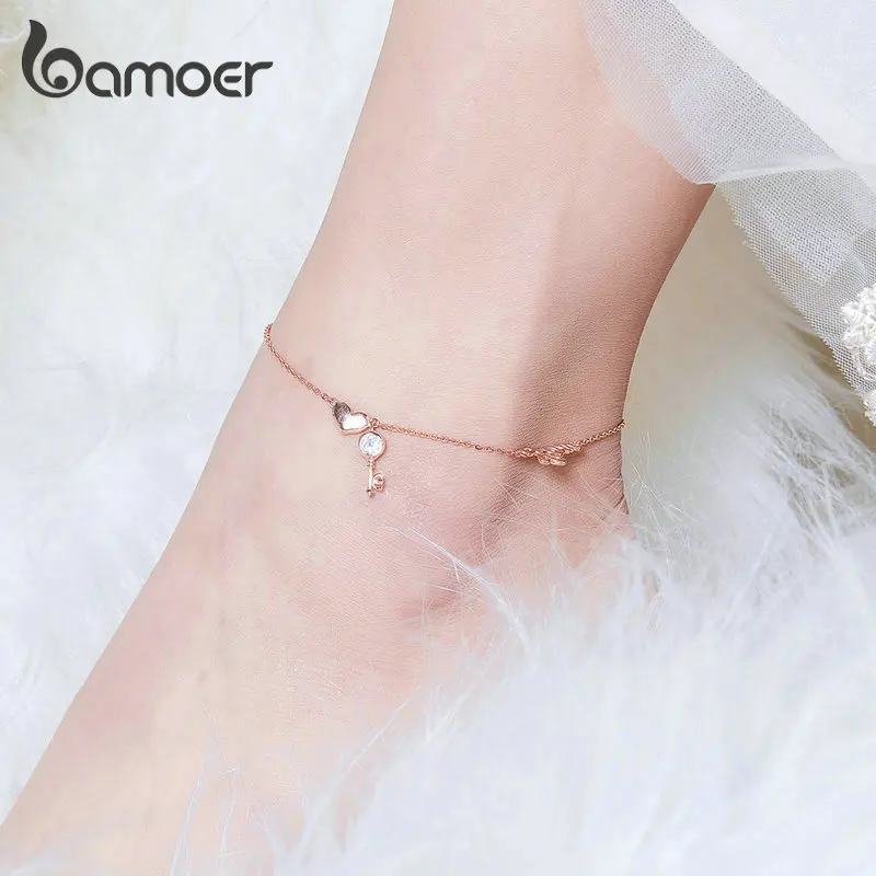 bamoer Love Key Heart Silver Anklets for Women Rose Gold Color Chain Bracelets for Leg Foot Jewelry Femme Accessories BST001 bamoer Love Key Heart Silver Anklets for Women Rose Gold Color Chain Bracelets for Leg Foot Jewelry Femme Accessories BST001
