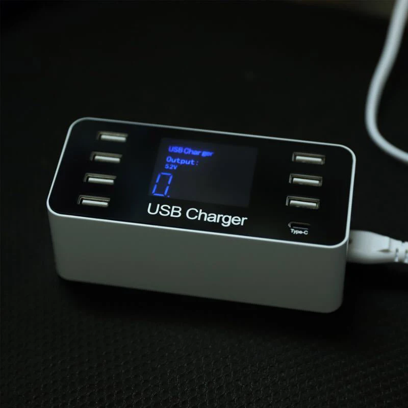40W Type-C Smart USB Charger with LCD Display with 8 USB Power Ports for Mobile Phone and Tablets