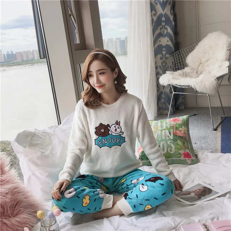 Осень-зима, Женская плотная Фланелевая пижама, комплект с мультяшным принтом, Толстая теплая Пижама с сердечками, ночная рубашка для девочек, одежда для сна, длинные штаны, Пижама - Цвет: R S xiong xiang lan