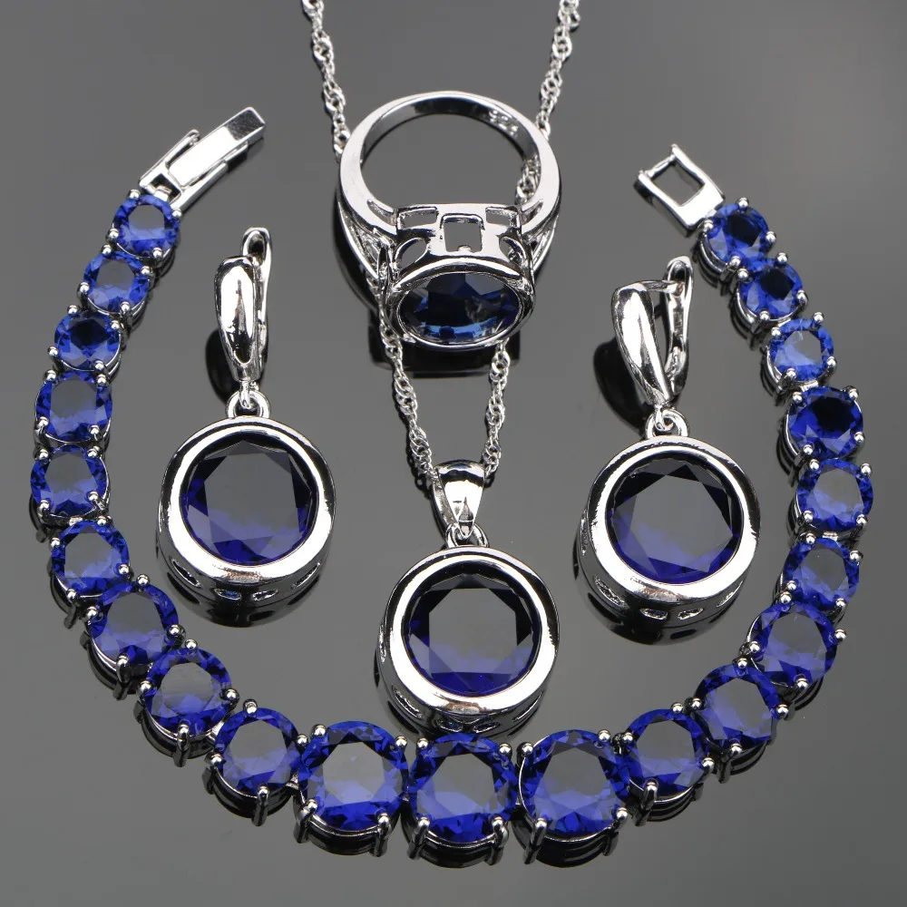 

New Blue Zirconia Costume Silver 925 Jewelry Sets Wedding Women Necklace Pendant Rings Bracelets Earrings Set Jewelery Gift Box