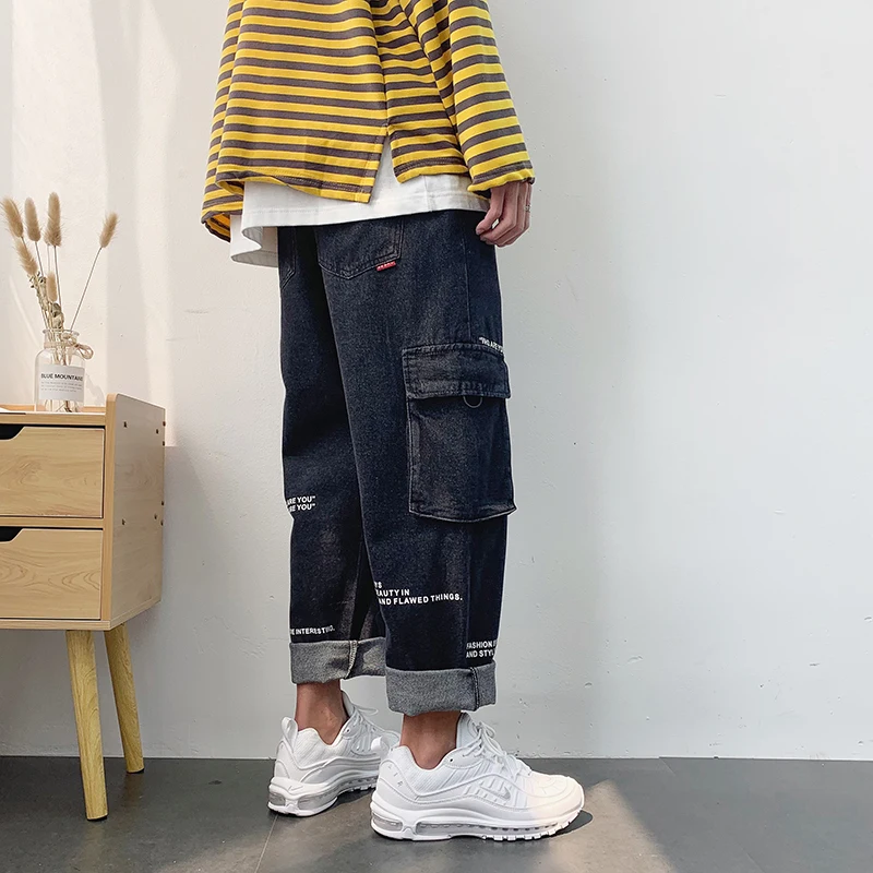 

2019 Men's Haren Pants Leisure Baggy Homme Casual Pants Cargo Pocket Jeans Mens Male Fashion Trend Black Color Trousers M-3XL