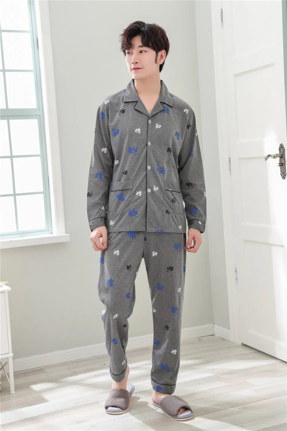 Осенние пижамы с длинными рукавами Для мужчин кардиган в клетку пижамы Повседневное пижамы из двух частей комплект пижамы плюс Размеры
