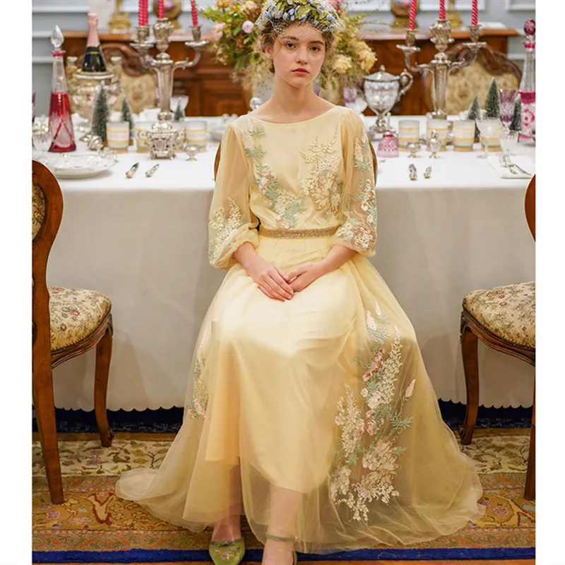 

Original Design Spring Summer Women Vintage Elegant Slim Mesh Dress Ladies Retro Embroidery Handmade Beading Sequins Long Dress
