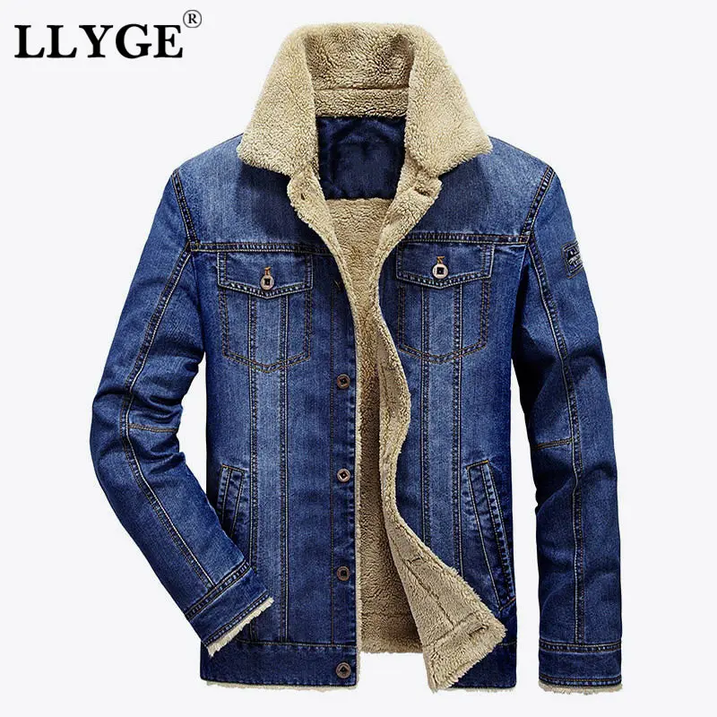 LLYGE, Мужская утолщенная теплая джинсовая куртка, джинсовое пальто, одежда, толстый отложной воротник, мужские куртки, верхняя одежда размера плюс, Мужская Уличная одежда