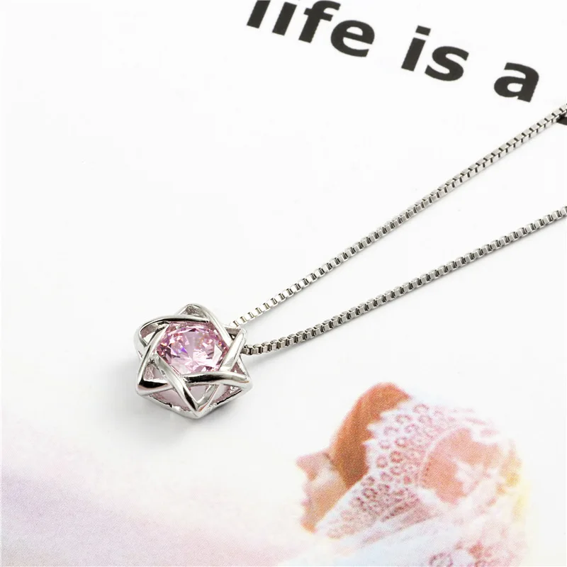 pink zircon star necklace woman 100% 925 Sterling silver nacklace Jewellery Clavicle chain pendant charms