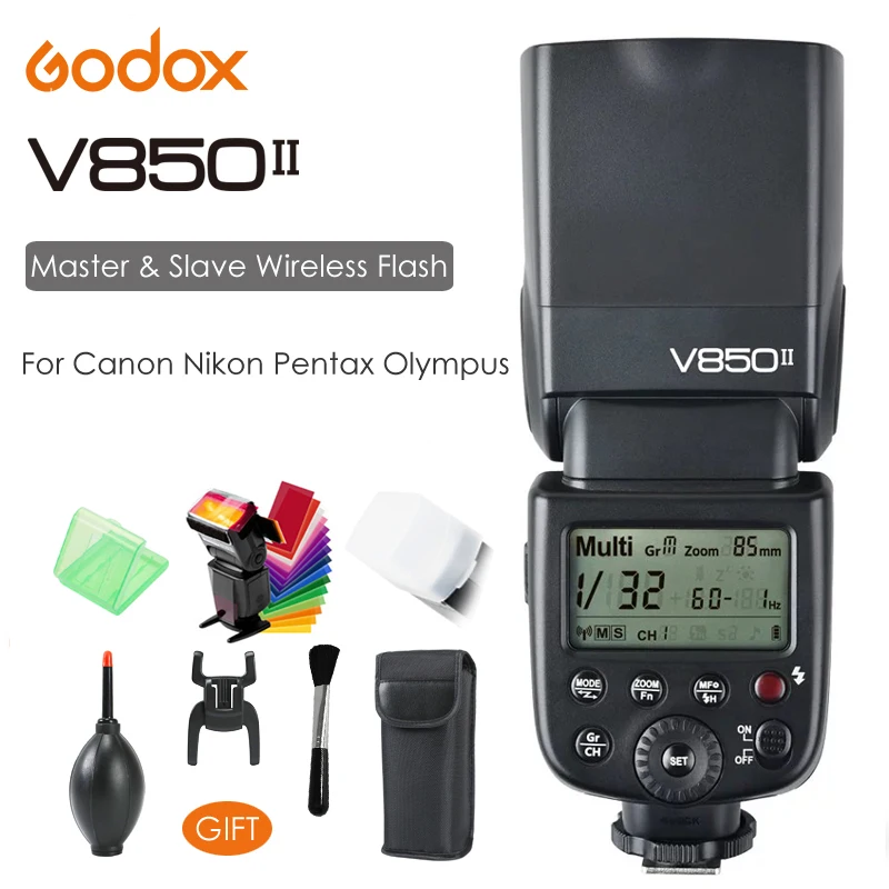Godox V850II 2,4G GN60 Беспроводная система X литий-ионный аккумулятор Master & Slave Speedlite для Canon Nikon Pentax Olympus + Бесплатный подарочный набор Godox V850II 2,4G GN60 Беспроводная система X литий-ионный аккумулятор Master & Slave Speedlite для Canon Nikon Pentax Olympus + Бесплатный подарочный набор