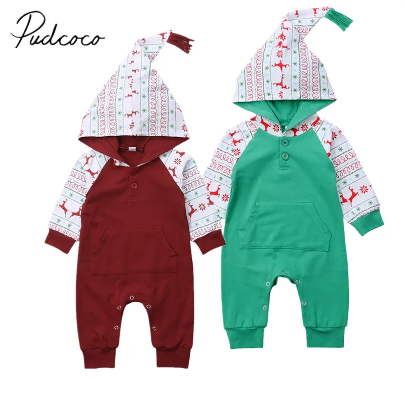 

2018 Brand New Newborn Baby Girls Boys Casual Warm Christmas Romper Santa Deer Elk Patchwork Long Sleeve Tassel Hooded Jumpsuit