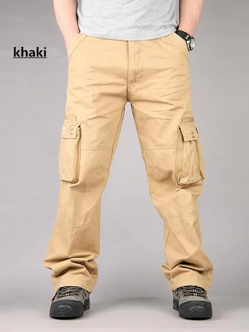 Новые Брендовые мужские военные свободные брюки-карго размера плюс 30-40, мужские повседневные брюки с большим количеством карманов, уличные комбинезоны большого размера - Цвет: Хаки