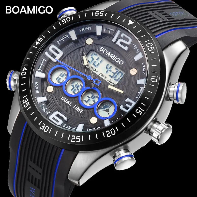 

Fashion Quartz Mens Sports Watches Multiple Time Zone LED Digital Wristwatches Rubber Water Resistant Alloy Case Zegarek Meski