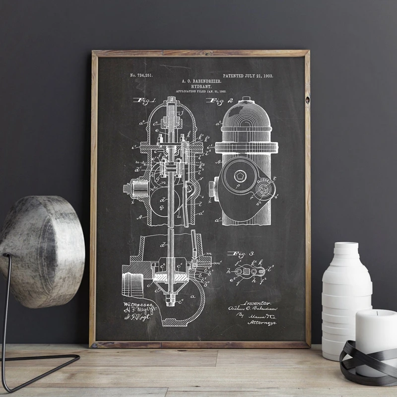

Fire Hydrant Patent Fire Fighter Poster Wall Art Canvas Painting Vintage Blueprint Fire House Art Prints Pictures Firefighter
