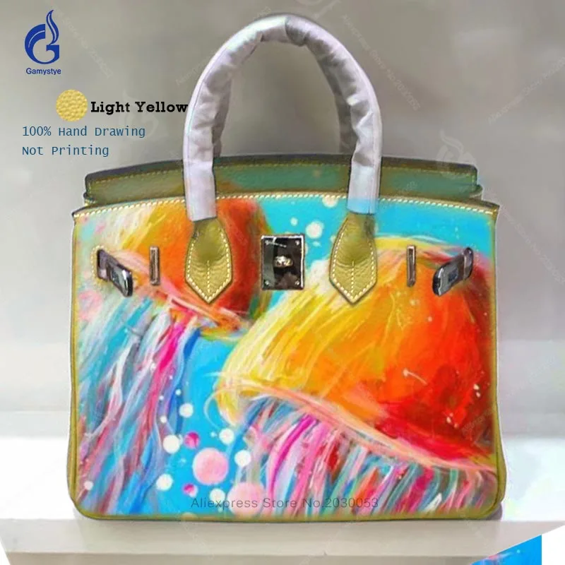 

Popular Hand Painted Togo Leather Casual Totes Bags Female Clutch Bags For Women Genuine Leather Purses And Messenger Handbags