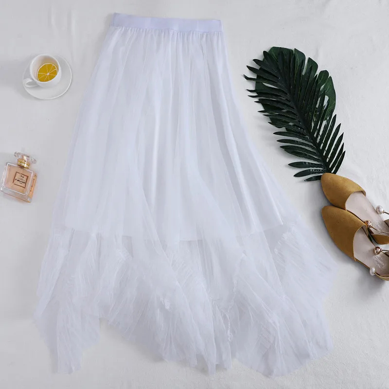 Тюлевые юбки для женщин размера плюс M-4XL эластичная плиссированная юбка средней длины с высокой талией трапециевидная Асимметричная Тюлевая юбка-пачка Rok весна лето - Цвет: White