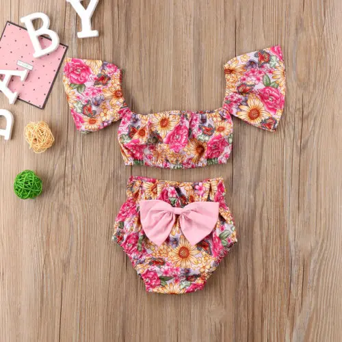 

Toddler Newborn Baby Girls Bowknot Summer Off-shoulder T-shirt Top Short Pants Outfit Clothing Set