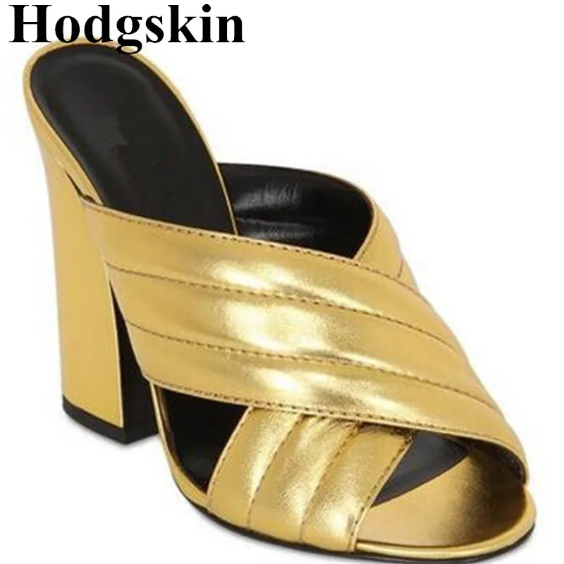 

2019 Summer Outsides Square Heel Women's Slippers Metallic Leather Slip On Sandals Female Party Dress Holiday Slides