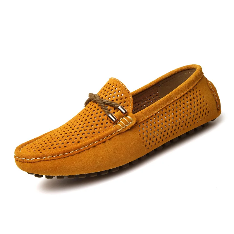 

Summer Solid Yellow Gray Genuine Leather Shoes Men's Loafer Hollow Breathable Men Flats Casual Driving Shoes Moccasins New 2018