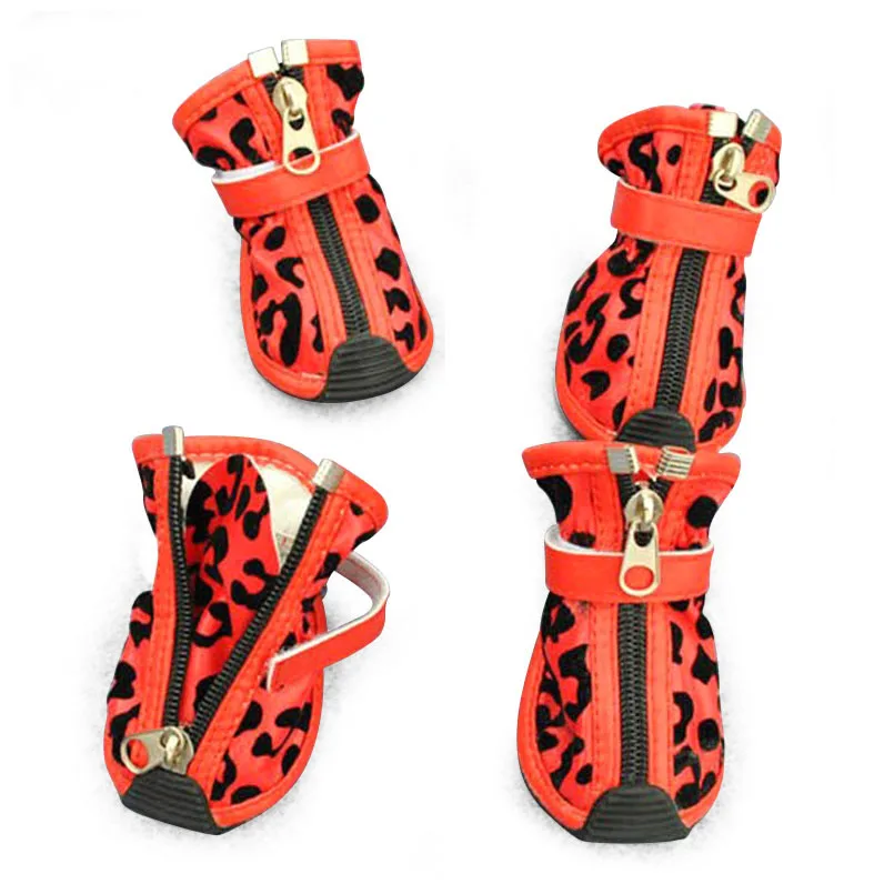 Leopard Pet Dog Shoes Winter Super Warm PU Leather Waterproof Anti Slip