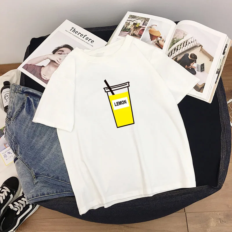 

2019 Summer Fashion Women T-shirt Short Sleeve White Top GraphicTees Lemon Drinks Geometric Harajuku 80s 90s Tshirt Plus Size