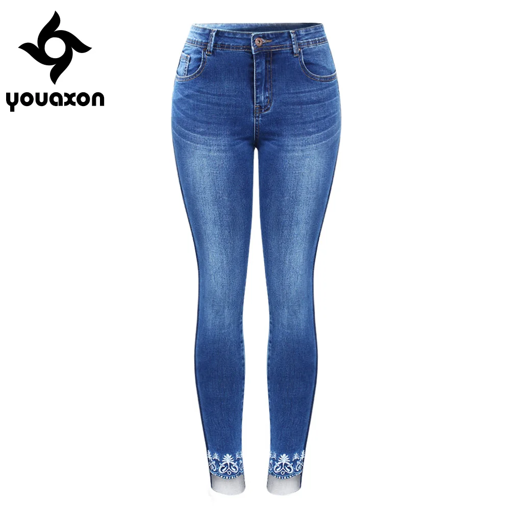 2138 Youaxon новые джинсы размера плюс с вышивкой с боковыми полосками женские эластичные джинсовые штаны женские джинсы для мам