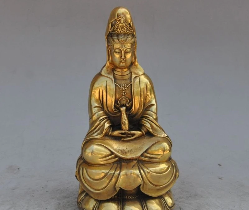 

9" chinese buddhism brass bottle vase lotus Kwan-Yin Bodhisattva Goddess statue