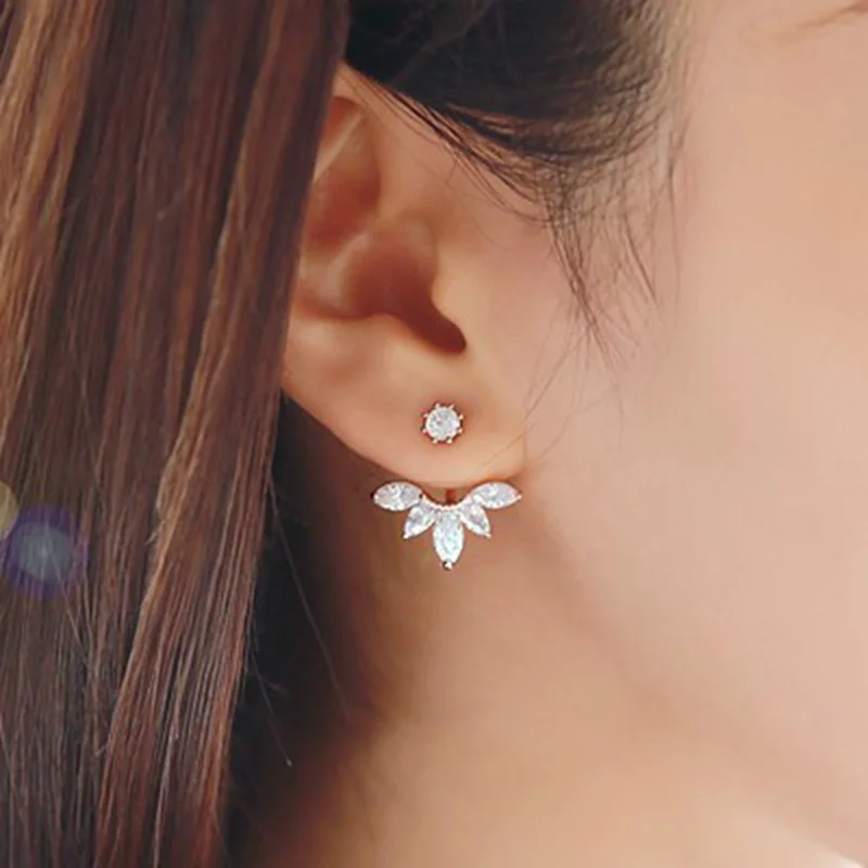 

Hot Sale Crystal Double Sided Leaf Earring Fashion Ear Jacket Ear Clips Stud Earrings for Women Bijoux Jewelry Brincos Mujer