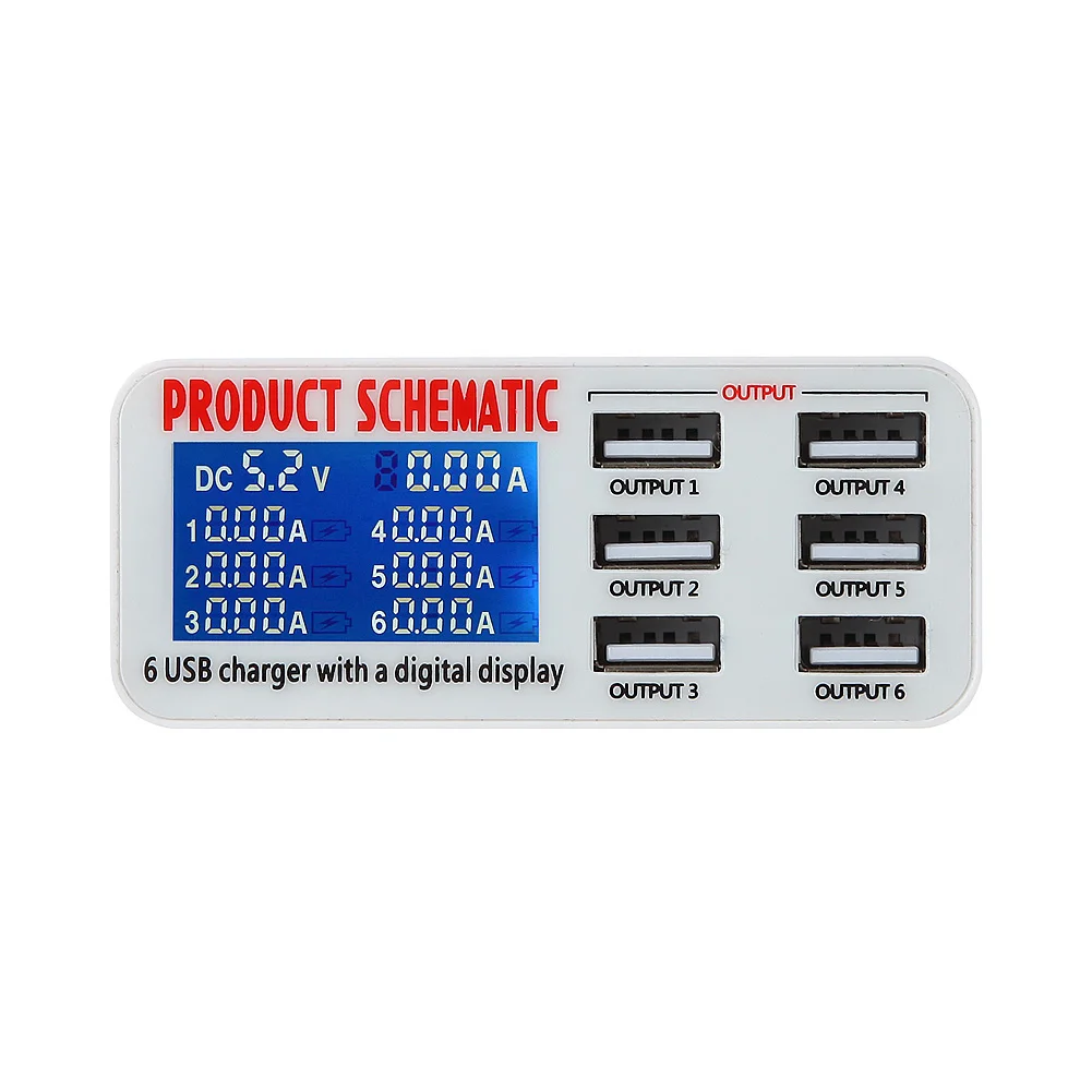 

6 Ports USB Charger Travel Charger LCD Digital Display Smart Charging Station Multi-Port USB Charging EU/US/UK Plug for iPhone