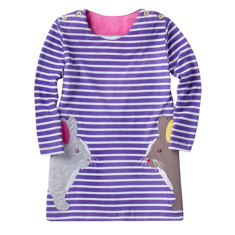 

Autumn Kids Clothes Girls Cartoon Striped Dress Applique Rabbit Embroidery Cotton Girls Long Sleeve Children Dress Hot