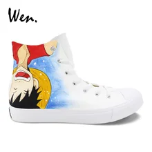 Вэнь Для мужчин; туфли с подошвой из вулканизированной резины с индивидуальным нанесением вручную One Piece Эйс Луффи кроссовки Для женщин обувь с высоким берцем на шнуровке Косплэй балетки; эспадрильи; женская обувь Туфли без каблуков