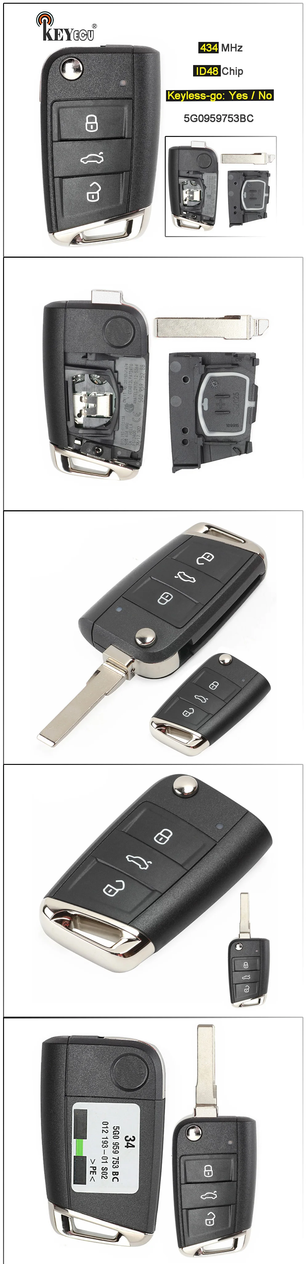 KEYECU 1x/3x434 МГц ID48 чип 3 кнопки Keyless-go/Флип дистанционного брелока для Volkswagen MQB Golf VII MK7, для Skoda Octavia A7