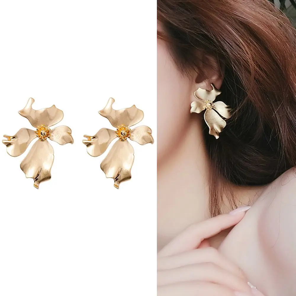 Европа Винтаж золото серебро 3D цветок большие серьги гвоздики для женщин модные эксцентричный стиль серьги