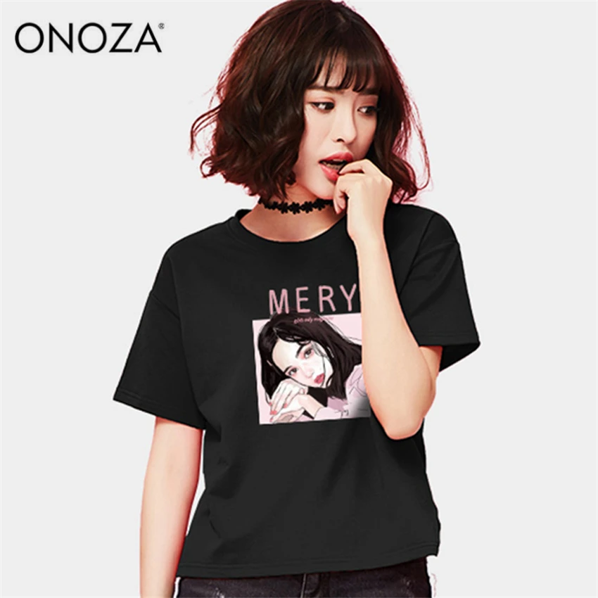 Onoza Забавные футболки корейский стиль черный Ropa De Mujer Verano Harajuku Camiseta манга Курта