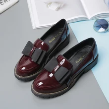 2017 New women causal flat shoes High quality patent leather wine red pointed toe bow knot ladies loafer shoes plus size 42 ML08