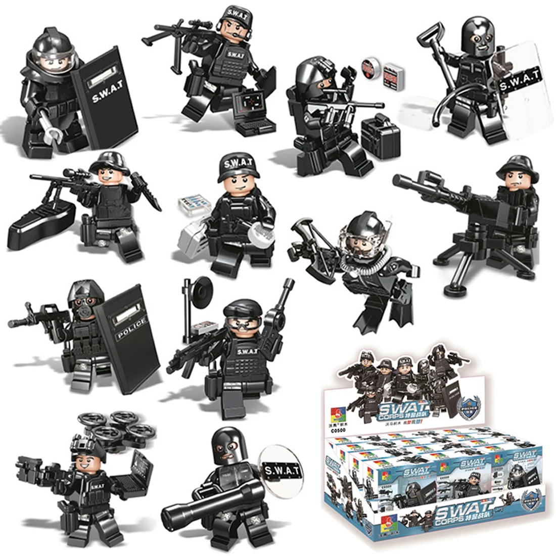 12 типов маленьких частиц DIY головоломки сборки SWAT команда кукла строительный блок игрушки для детей играть семья развлечения наборы