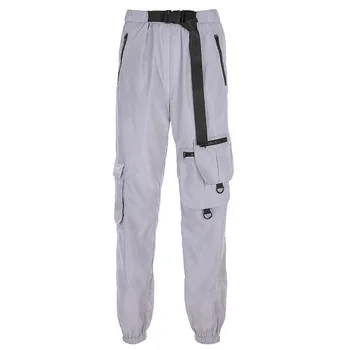 

High Waist Reflective Cargo Pants Women Patchwork Trousers Featured Pocket Casual Long Pants with Belt Hip Hop Streetwear