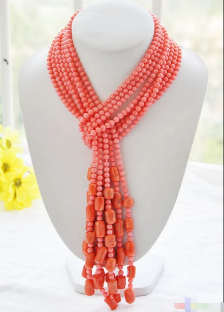 

FREE SHIPPINGS1691 real 4strands 50" 6mm pink round / cylindrical coral necklace