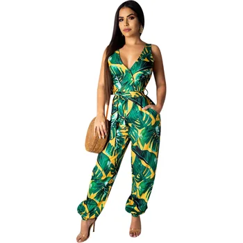 

Sexy Bodysuit Casual Vadim Women Free Shipping 2020 Spring Summer Models Sleeveless Prints Belts Sexy Jumpsuits Straight Cotton