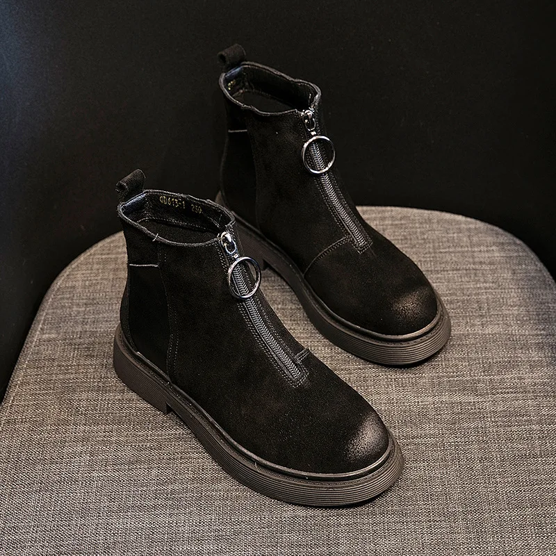 

Women's new winter single boots front zipper women's boots round head with boots winter thick with plus velvet Martin boots.